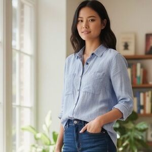 Topshop Textured Cotton Button-Down Shirt – Light Blue (US 2)
